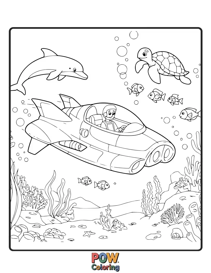 Free coloring page of A whimsical race car designed like a fish or seashell, gliding through underwater currents.