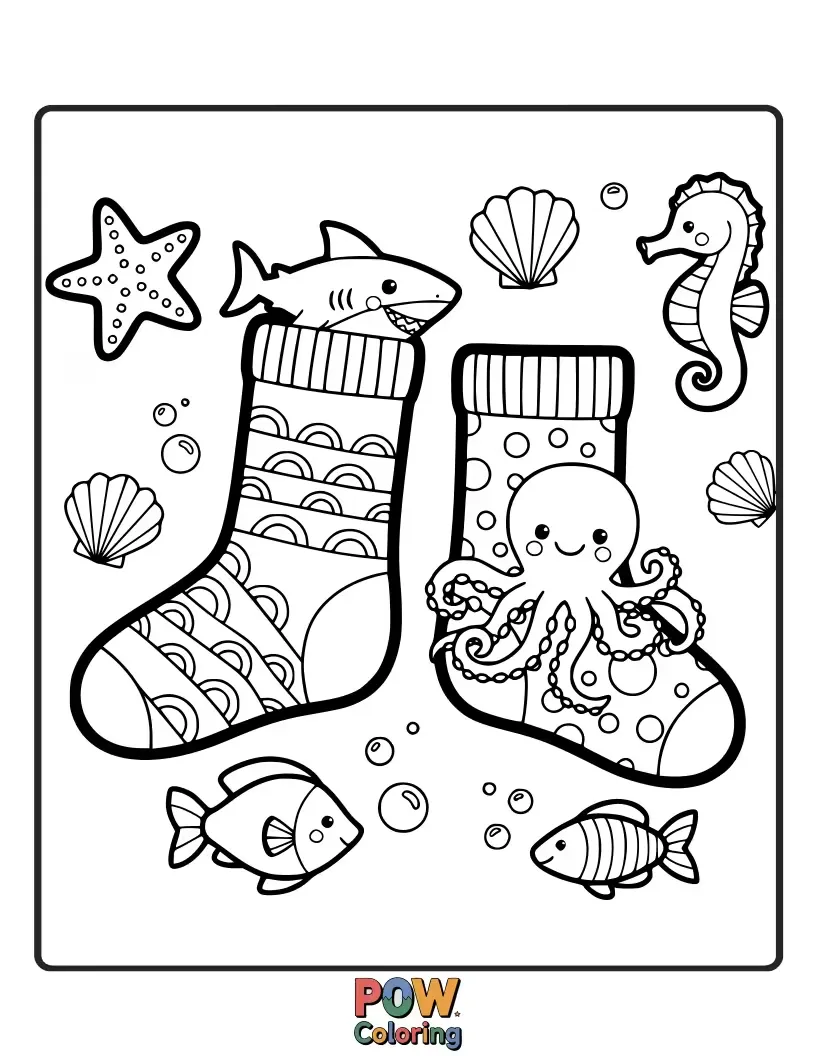 Free coloring page of Dive into creativity with these ocean-themed socks, complete with playful fish, starfish, and bubbly seaweed.