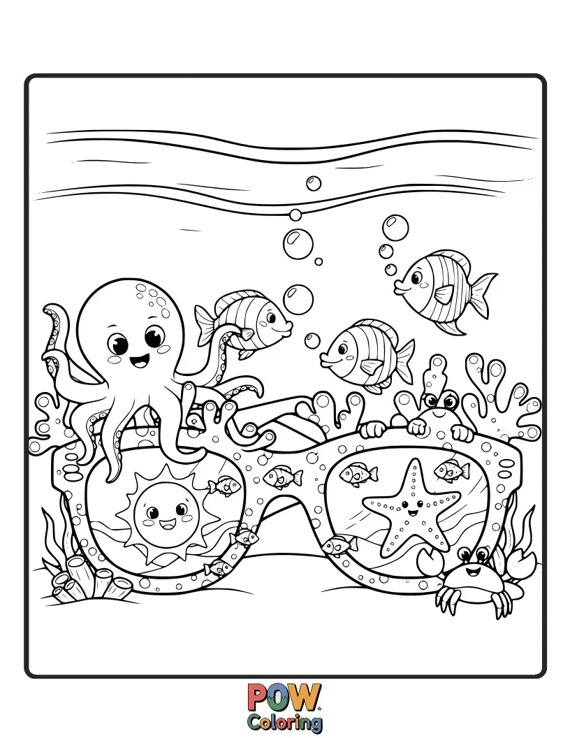Free coloring page of Enchanting sunglasses with seashell and starfish details, bringing the magic of the ocean.