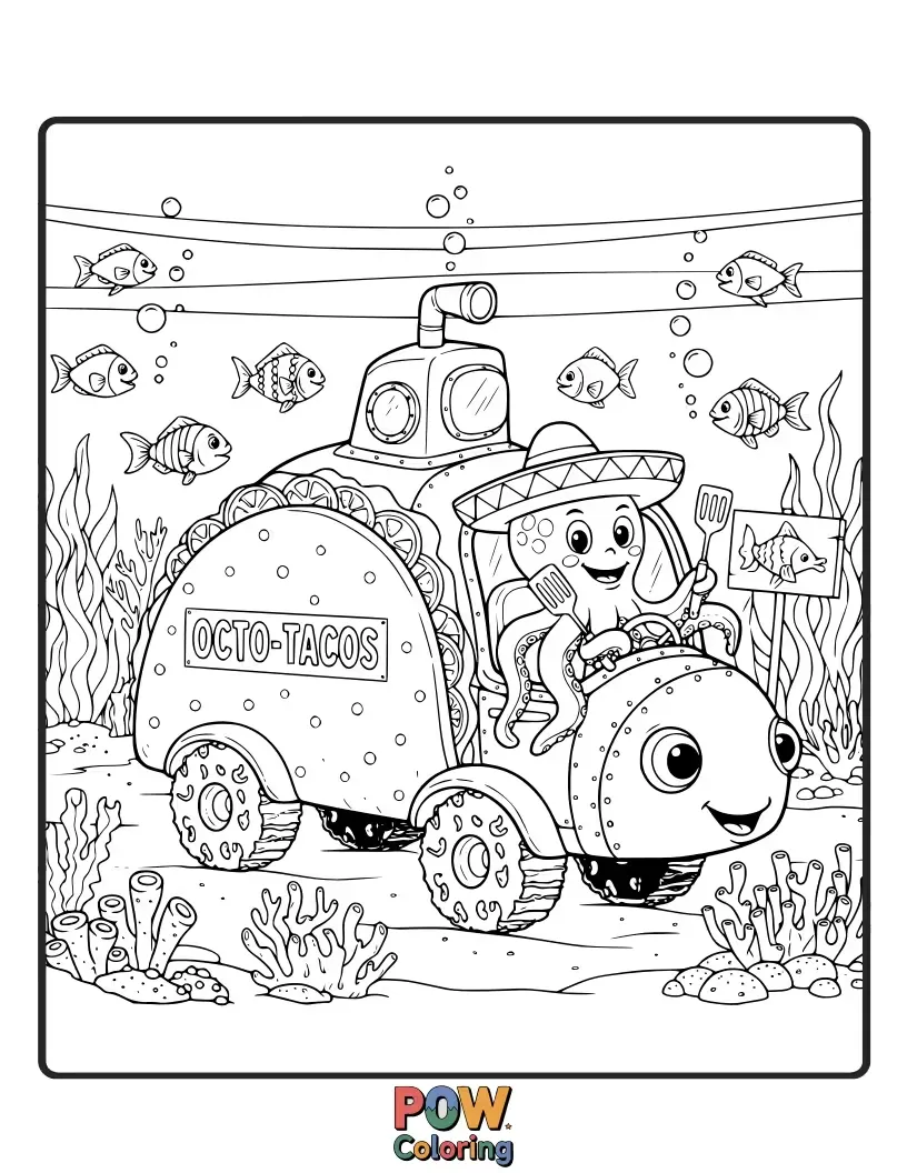 Free coloring page of A magical food truck shaped like a treasure chest, serving delicious tacos in a vibrant underwater world.