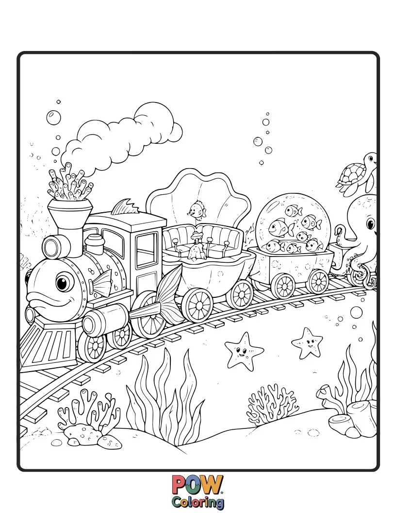 Free coloring page of A train exploring the depths of the ocean with mermaids and sea creatures. Dive into a world of aquatic wonder.