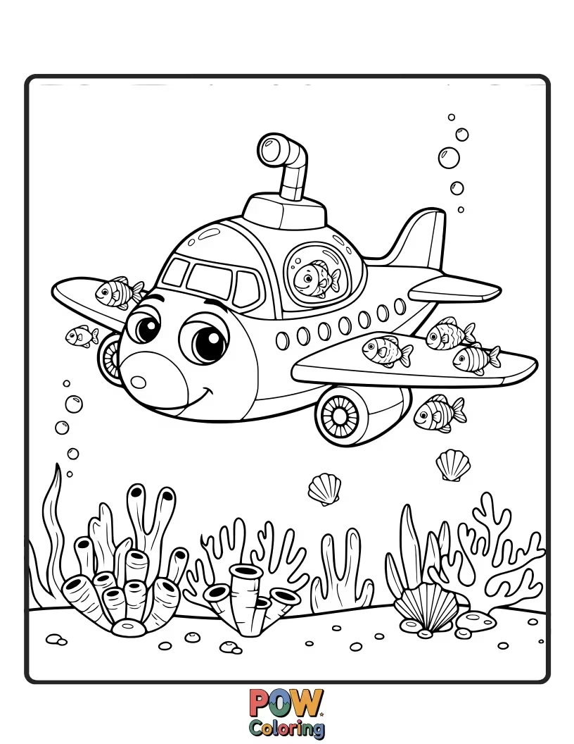 Free coloring page of A special submarine-airplane dives deep underwater, with curious fish swimming around its fins and coral reefs below.