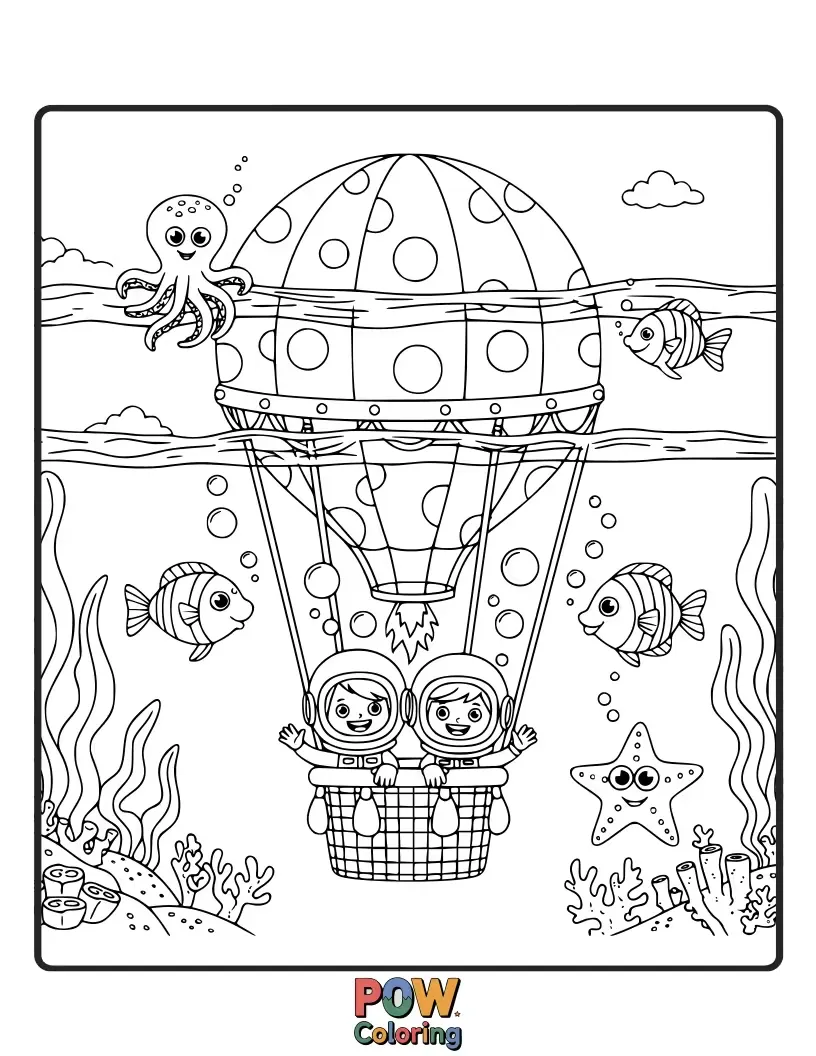 Free coloring page of Imagine hot air balloons filled with bubbles, descending into a vibrant coral reef with playful sea creatures.