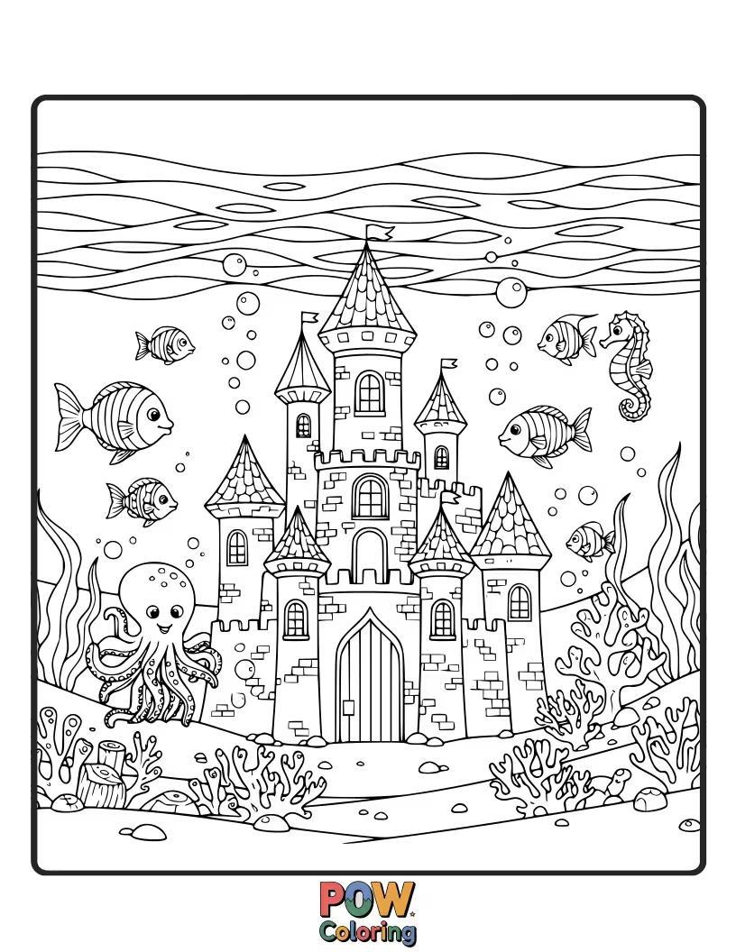 Free coloring page of A whimsical castle with seaweed turrets sits at the bottom of the ocean, where colorful fish are swimming around.