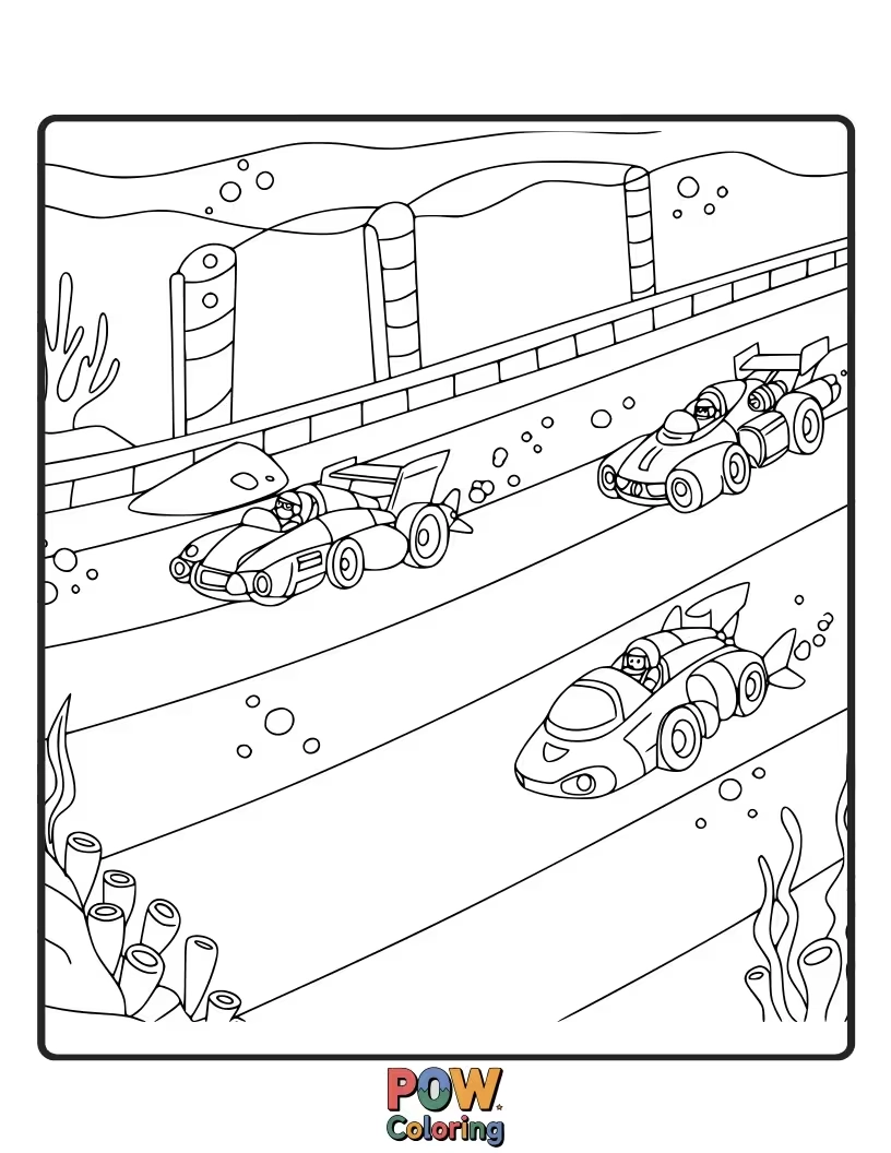 Free coloring page of A fantastical submarine race car exploring vibrant coral reefs and chasing sea creatures in the ocean.