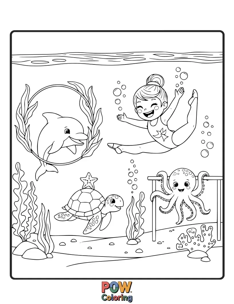 Free coloring page of Mermaids and friendly sea creatures performing elegant leaps and spins in a vibrant coral reef gym.