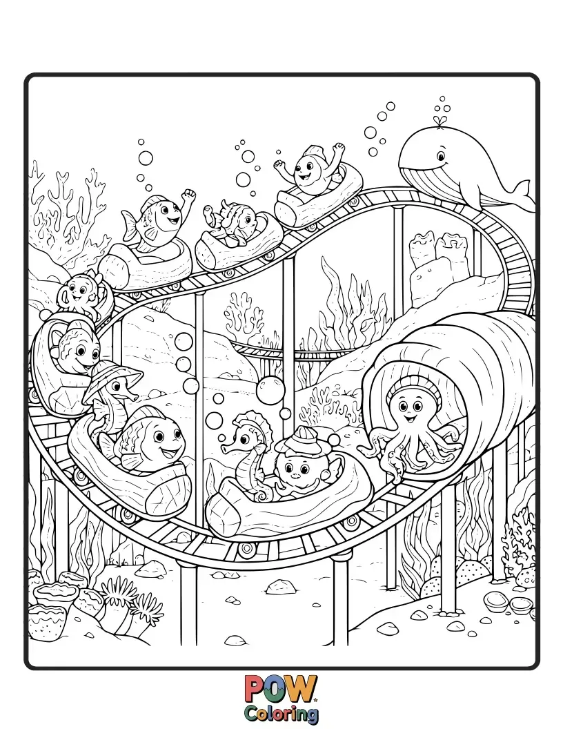 Free coloring page of Dive into fun with an underwater roller coaster navigating coral reefs and playful sea creatures.