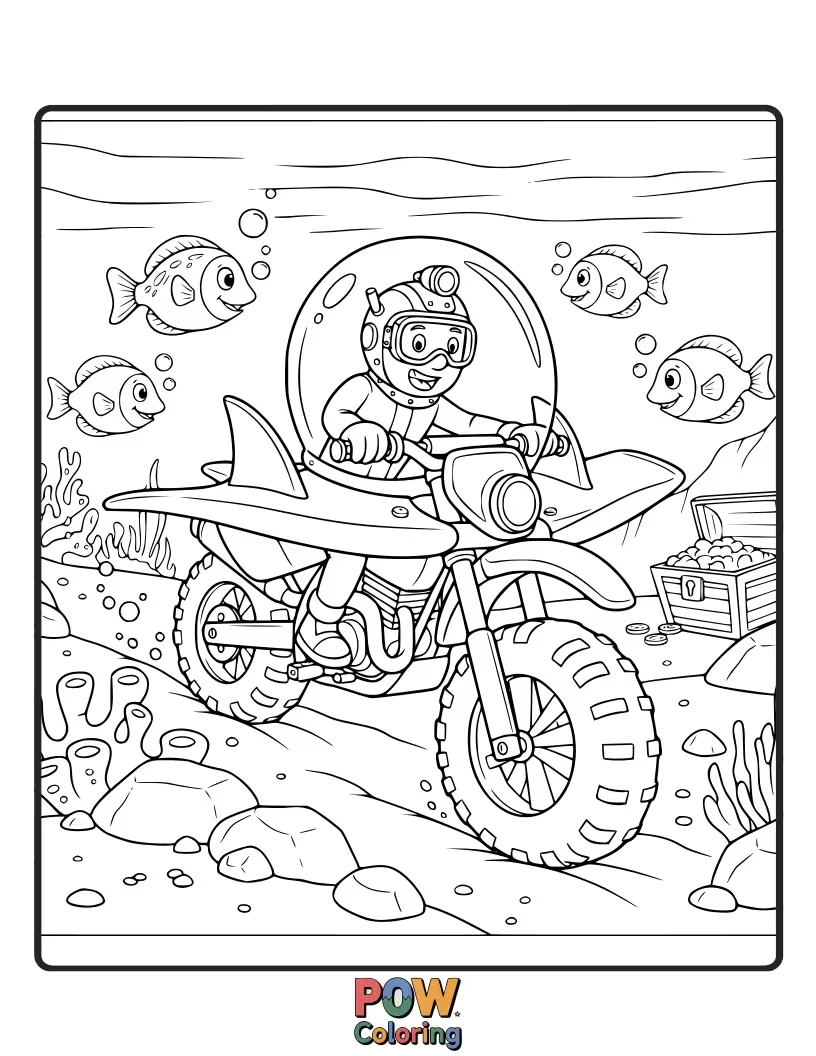 Free coloring page of A fantastical dirt bike exploring the ocean floor, surrounded by coral reefs, playful fish, and ancient shipwrecks.
