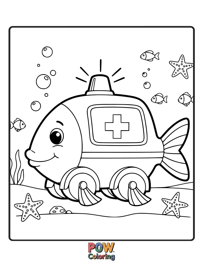 Free coloring page of A charming ambulance shaped like a seashell, swimming through a coral reef with fish.