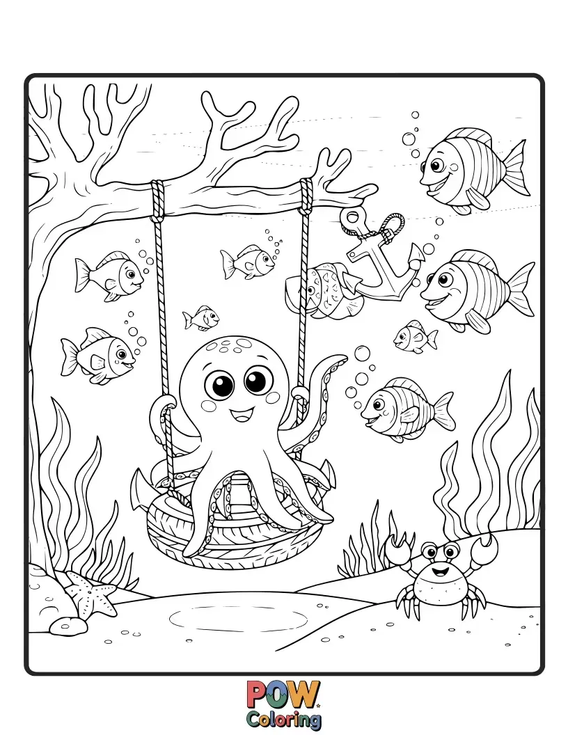 Free coloring page of A playful dolphin and a friendly octopus gently swing in a vibrant coral reef, surrounded by colorful fish.