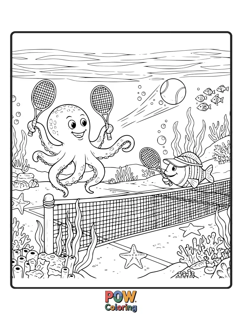 Free coloring page of Mermaids and mermen playing tennis underwater, with bubbles and colorful fish swimming around the court.