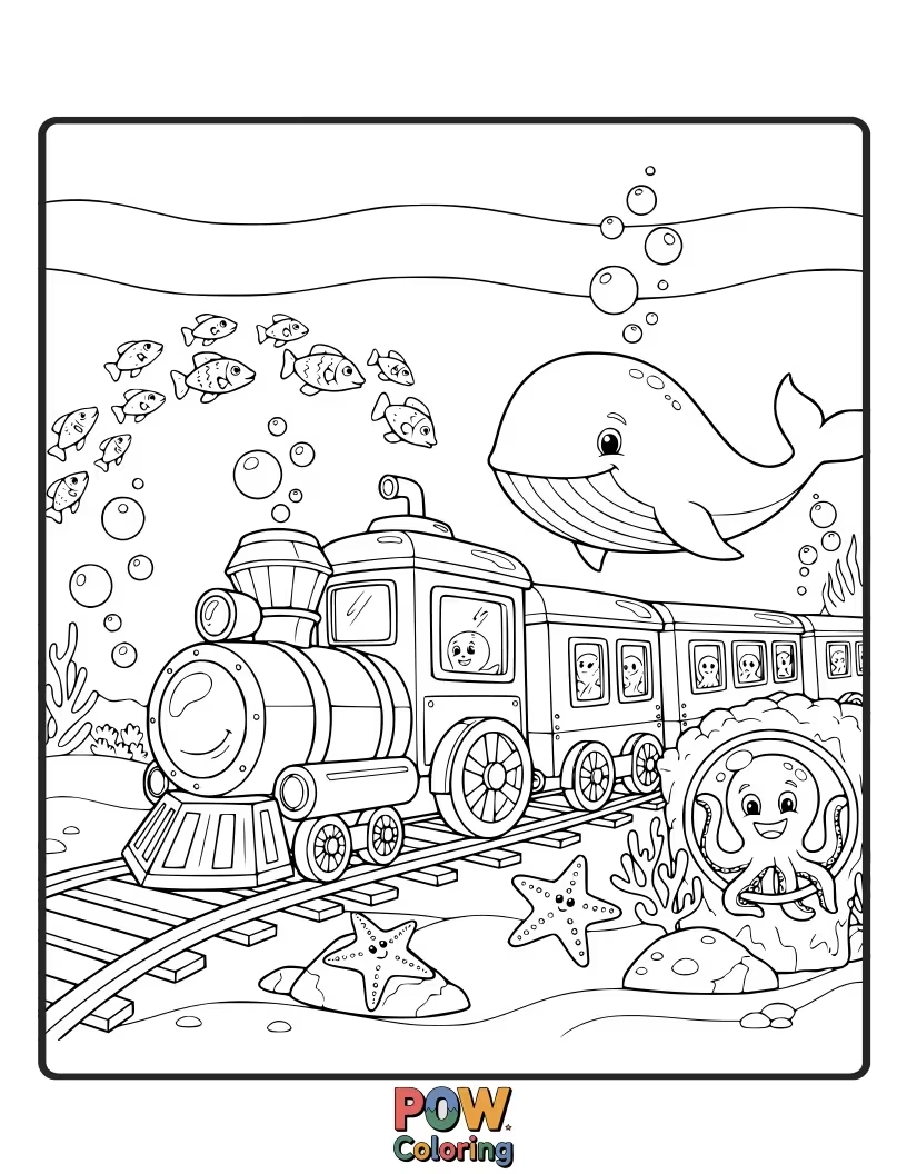 Free coloring page of A submarine-style train exploring a vibrant coral reef with friendly fish. Dive into a world of color with this aquatic adventure.