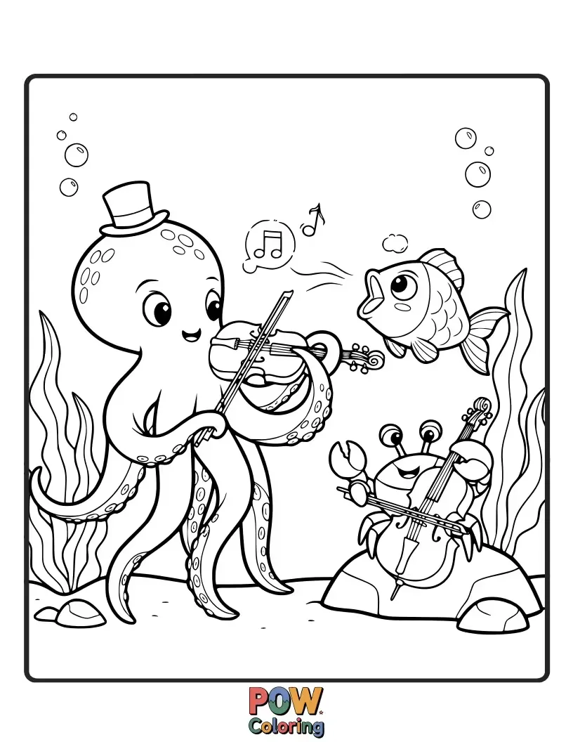 Free coloring page of A mermaid serenades sea creatures with a magical tune played on a beautiful violin.