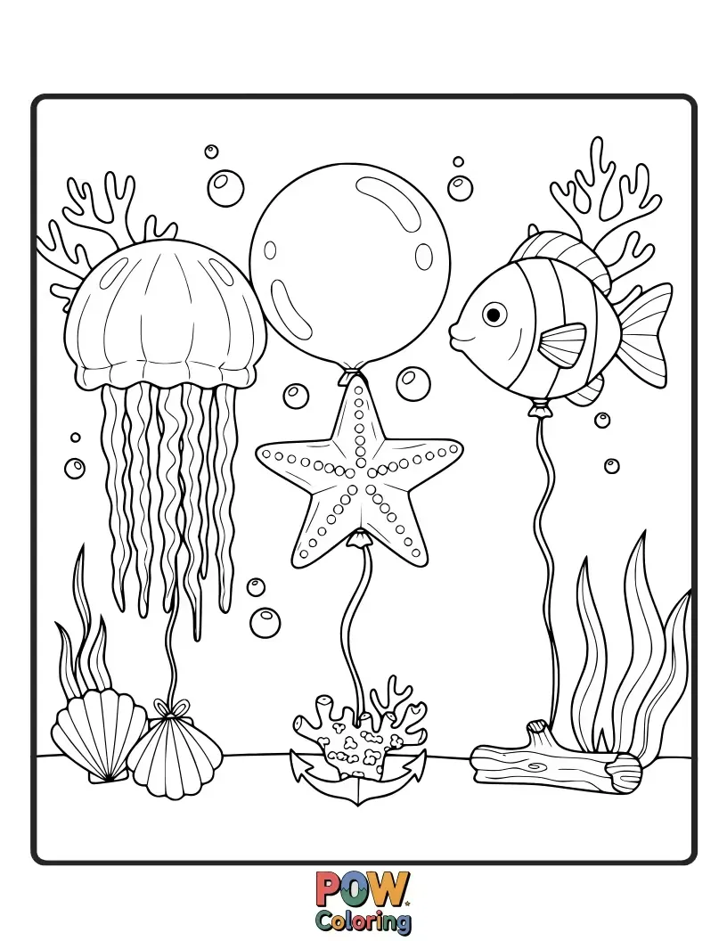 Free coloring page of Hot air balloons that look like jellyfish and coral, submerged in a bubbly underwater world.