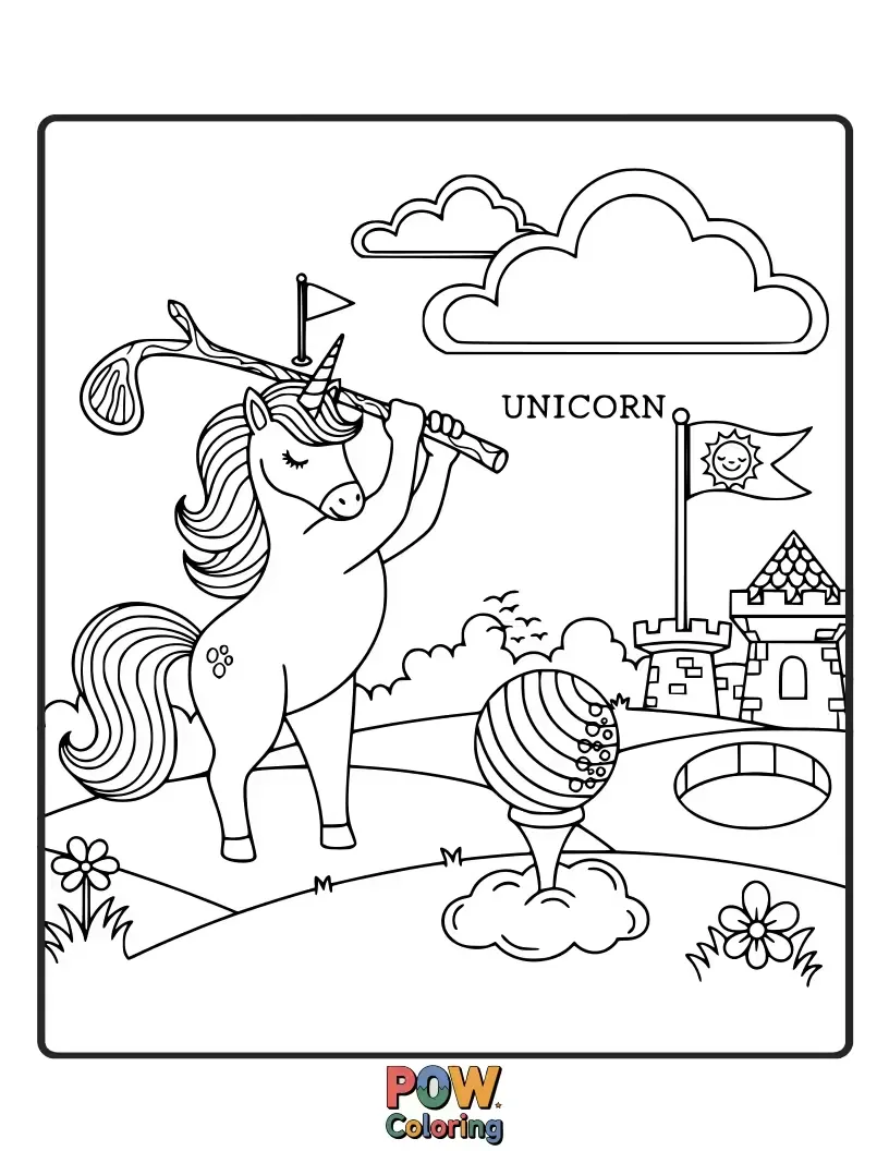 Free coloring page of A majestic unicorn with a rainbow mane, gracefully hitting a sparkly golf ball over a shimmering water hazard.