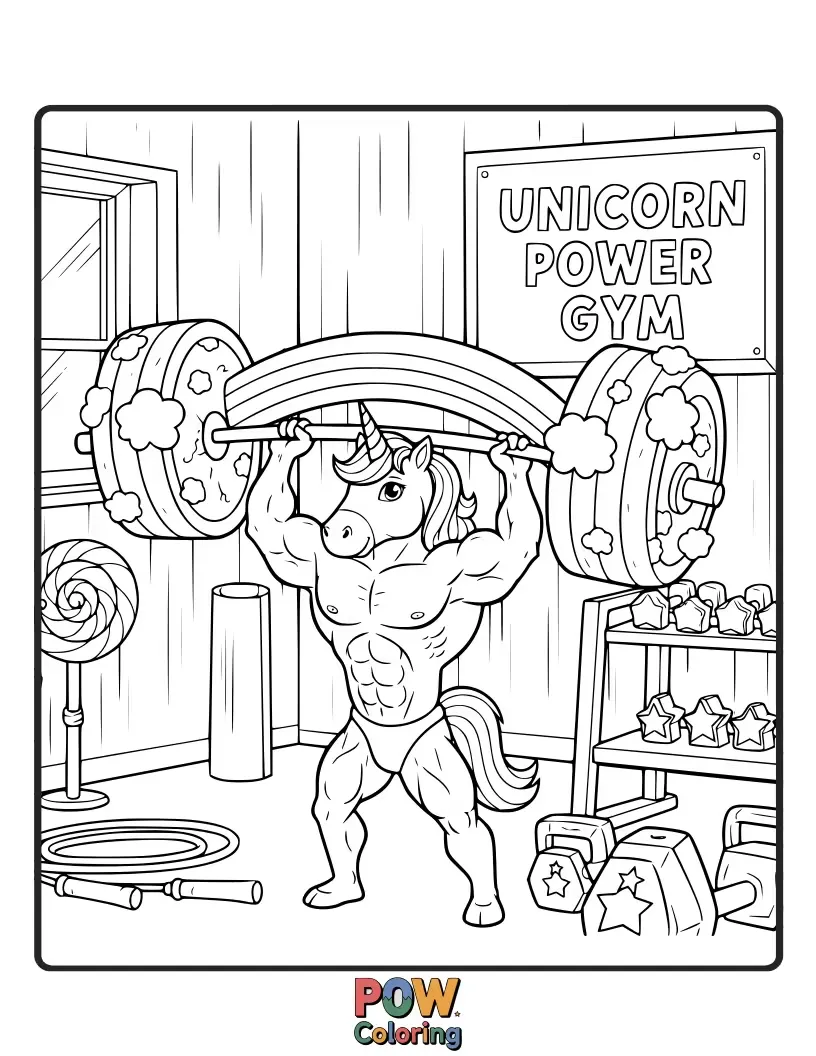 Free coloring page of A majestic unicorn with rainbow mane doing a powerful squat, surrounded by sparkly dumbbells and motivational floral decorations.