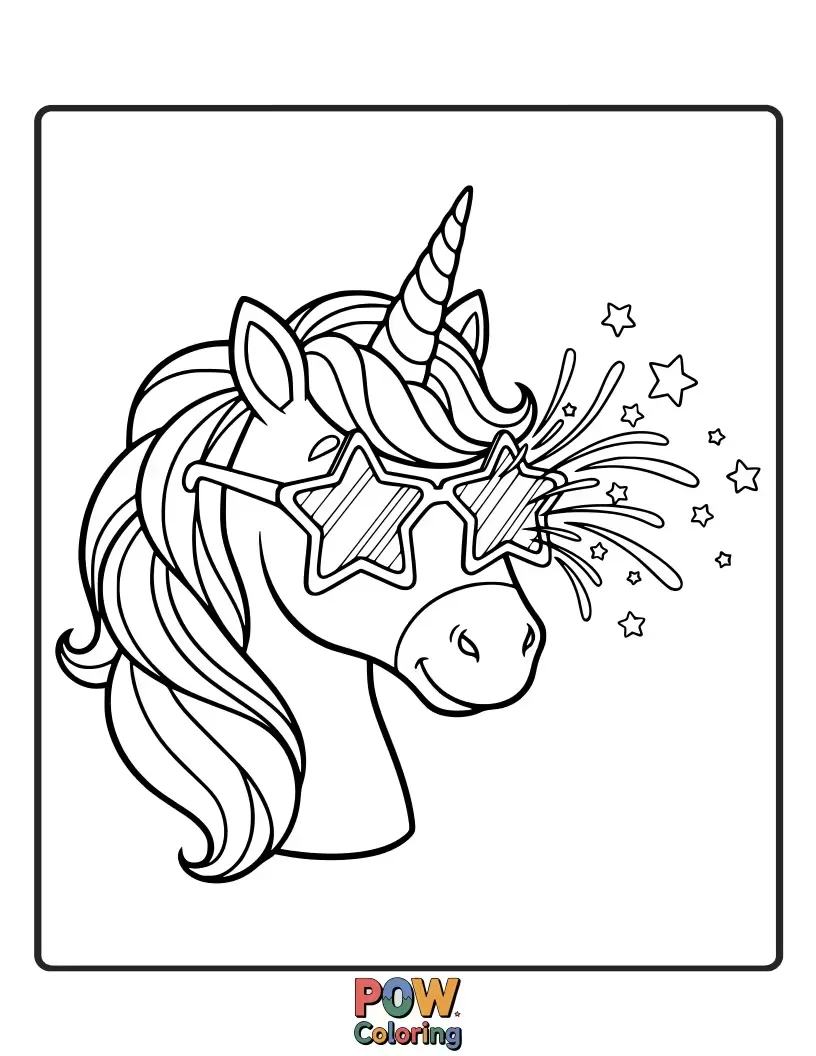 Free coloring page of Magical sunglasses with a unicorn horn and rainbow accents, creating an enchanting world.