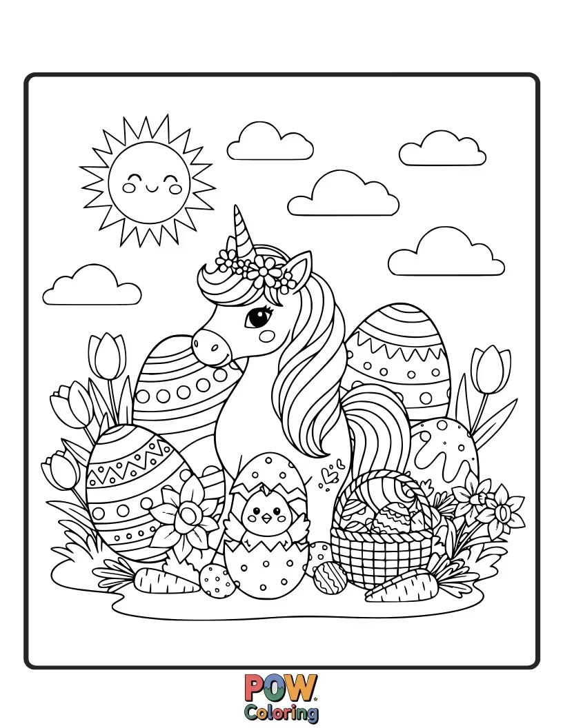 Free coloring page of A sparkly unicorn with a rainbow mane, finding a glowing Easter egg in a magical forest.