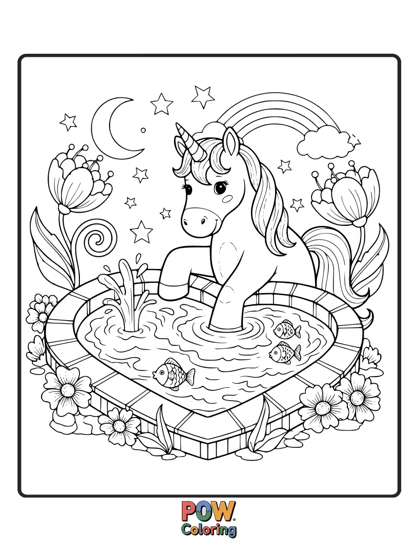 Free coloring page of A majestic unicorn dips its hooves into a crystal-clear pool shimmering with rainbow reflections and enchanted water.
