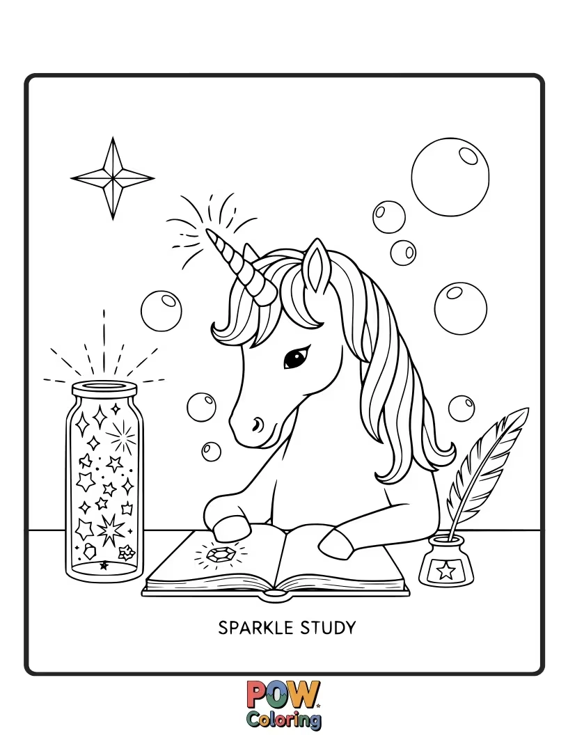 Free coloring page of A majestic unicorn is peeking over a wizard's shoulder as he reads a book filled with sparkly, magical runes.