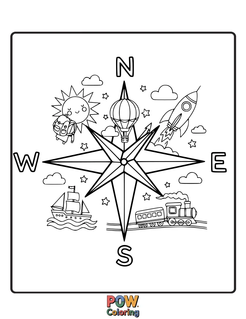 Free coloring page of A vintage compass with a needle pointing towards "Adventure," and the compass rose giving a little wave.