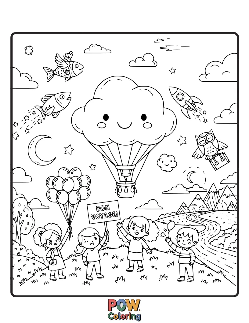 Free coloring page of A whimsical drawing of a sleeping cloud floating away, carrying a little dream bubble with a twinkling star.