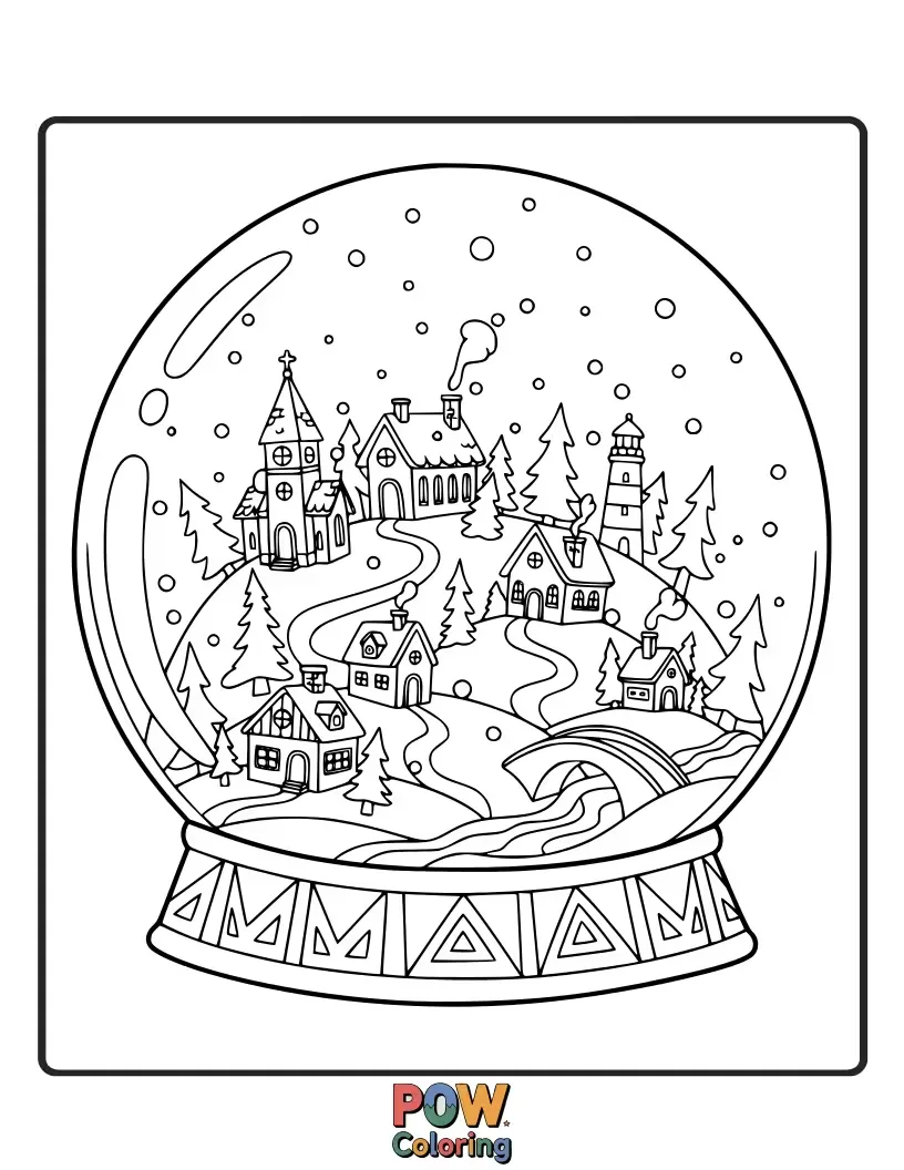 Free coloring page of A whimsical snow globe filled with tiny, quirky houses and fantastical elements, sparking imagination.