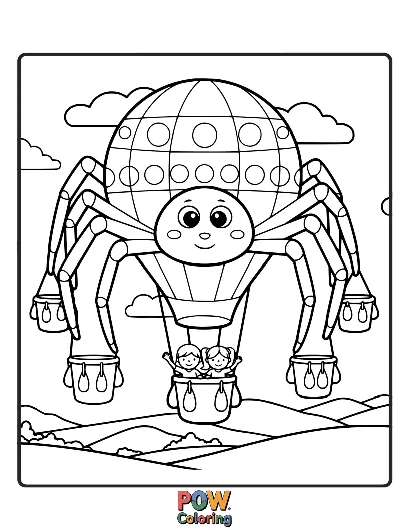 Free coloring page of A spider piloting a whimsical hot air balloon shaped like its own body. Sparks grand adventures and sky-high imagination.