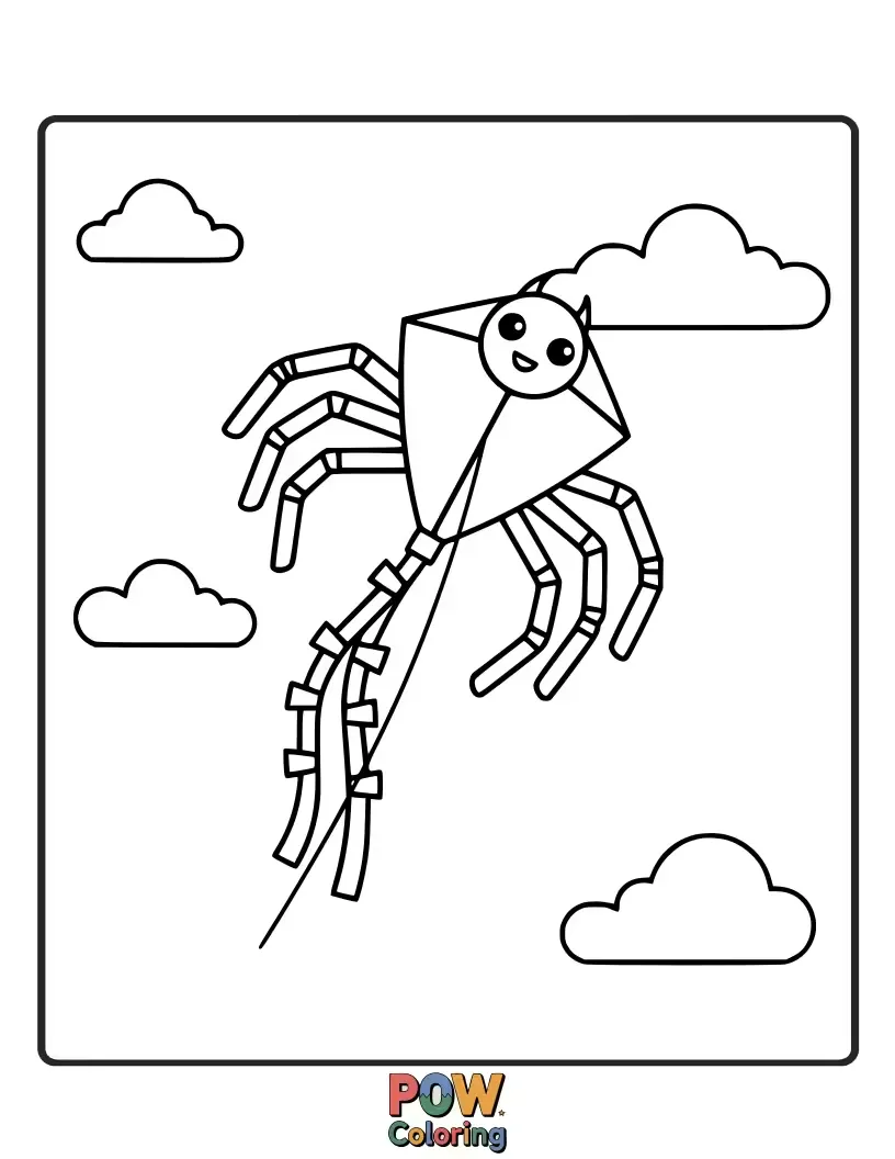 Free coloring page of A playful spider flying a colorful kite shaped like a butterfly. Promotes a sense of freedom and lighthearted fun.