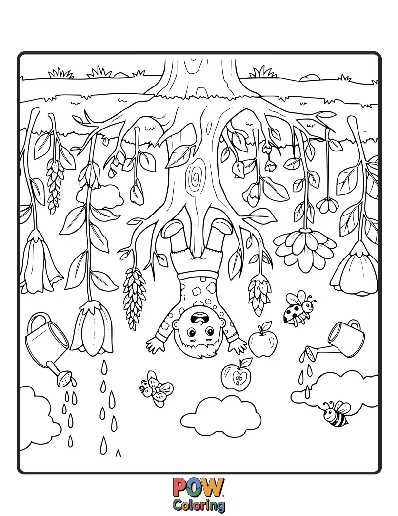 Free coloring page of A playful garden scene where everything is delightfully upside down, from flowers to gardening tools, for a unique perspective.