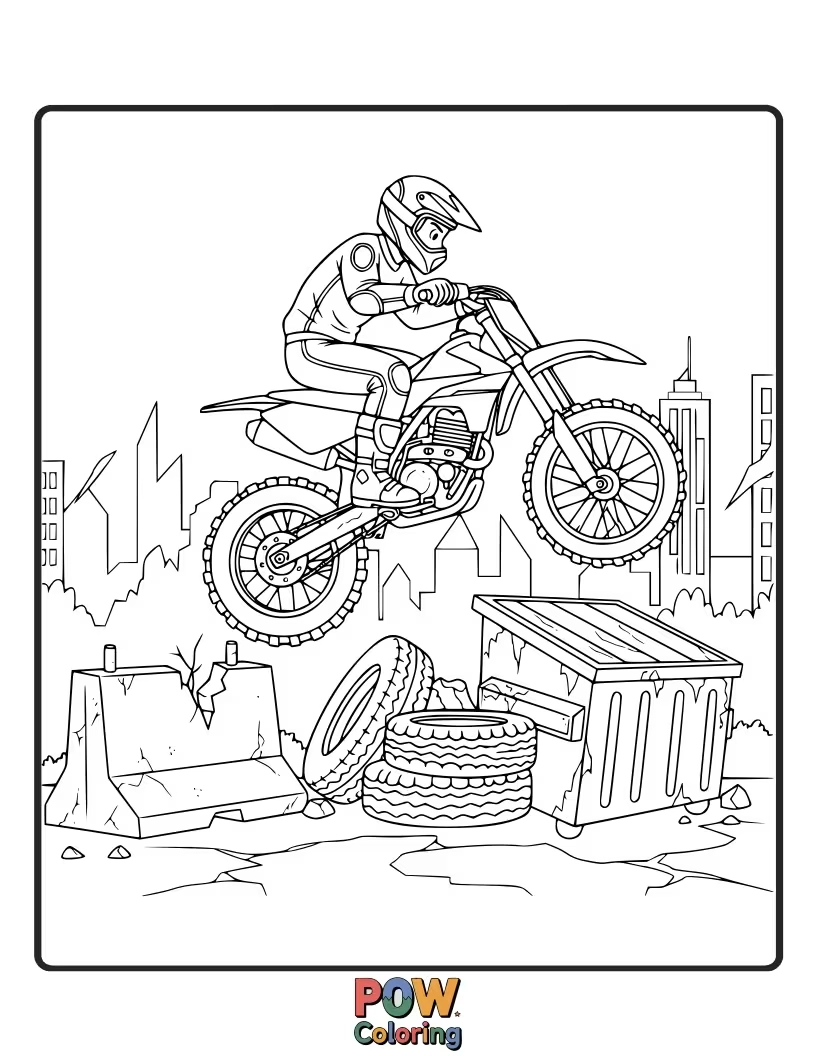 Free coloring page of A dirt bike in a cityscape, navigating ramps and obstacles with graffiti-covered walls and soaring skyscrapers.