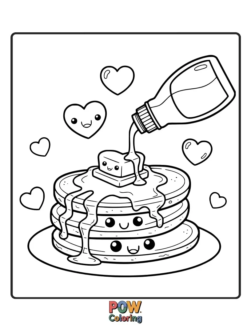 Free coloring page of Heart-shaped pancakes stacked high, decorated with sweet frosting and adorable cupid's arrows.