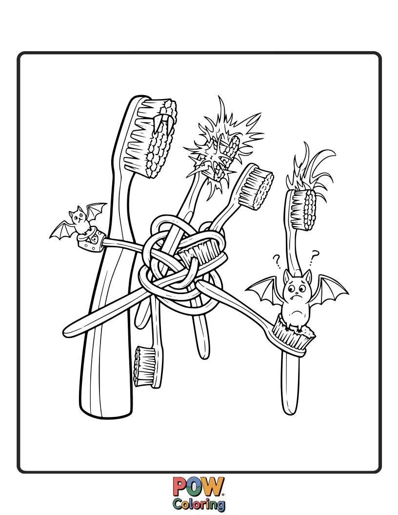Free coloring page of A dapper vampire is hilariously tangled in his own giant toothbrush and toothpaste.