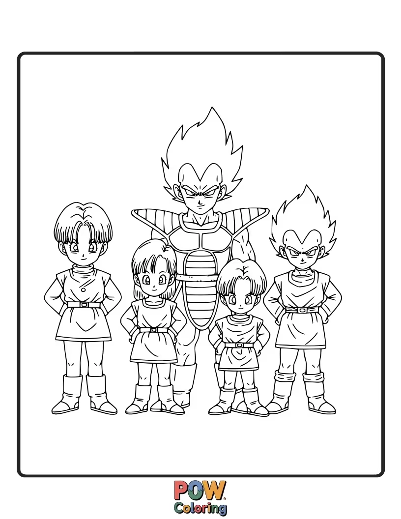Free coloring page of Vegeta with Bulma and Trunks, a family scene.