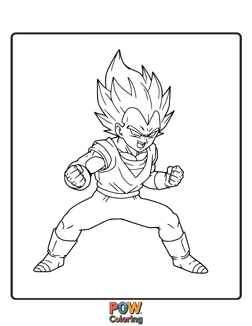 Free coloring page of Vegeta in a dynamic, ready-to-fight stance.