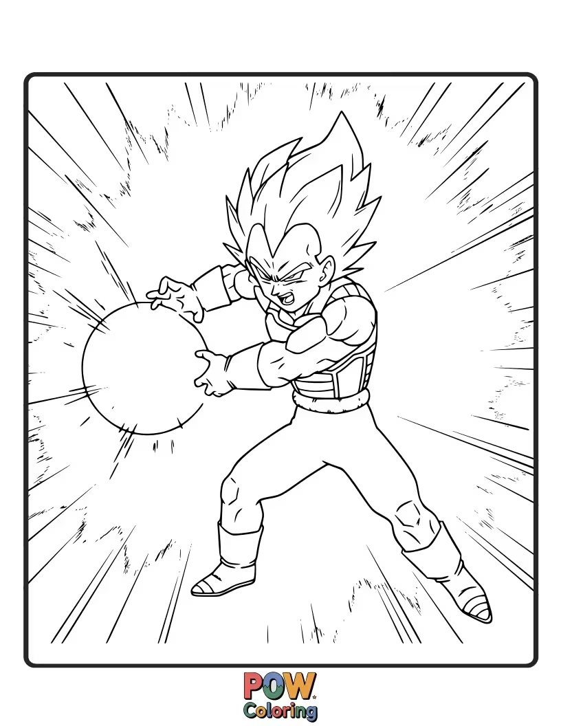 Free coloring page of Vegeta performing a powerful Kamehameha wave.