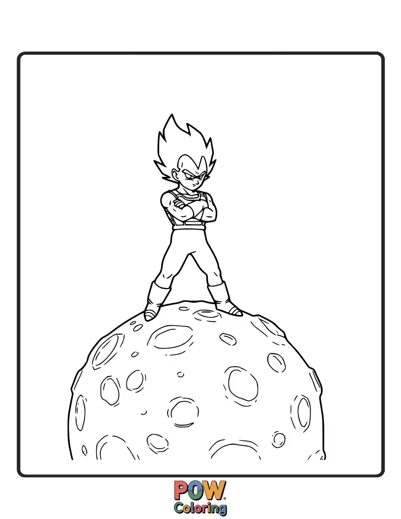 Free coloring page of Vegeta on a rocky outcrop, looking at a planet.