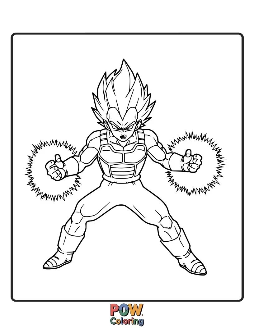 Free coloring page of Vegeta in a protective stance, ready to defend.