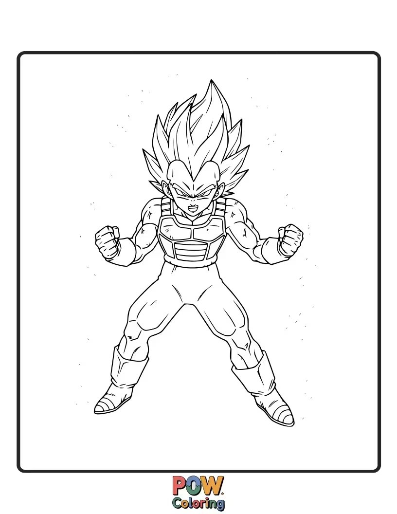 Free coloring page of Vegeta in Super Saiyan Blue form with blue aura.