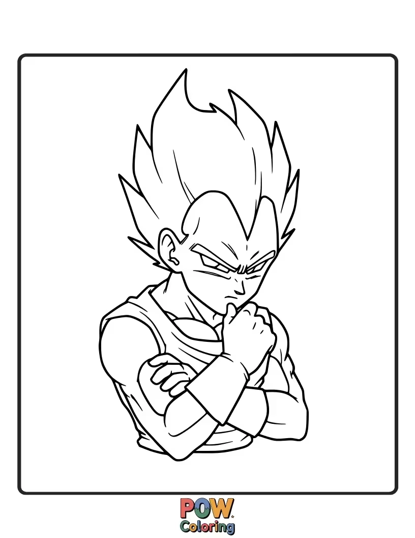 Free coloring page of Vegeta in a pensive pose, deep in thought.