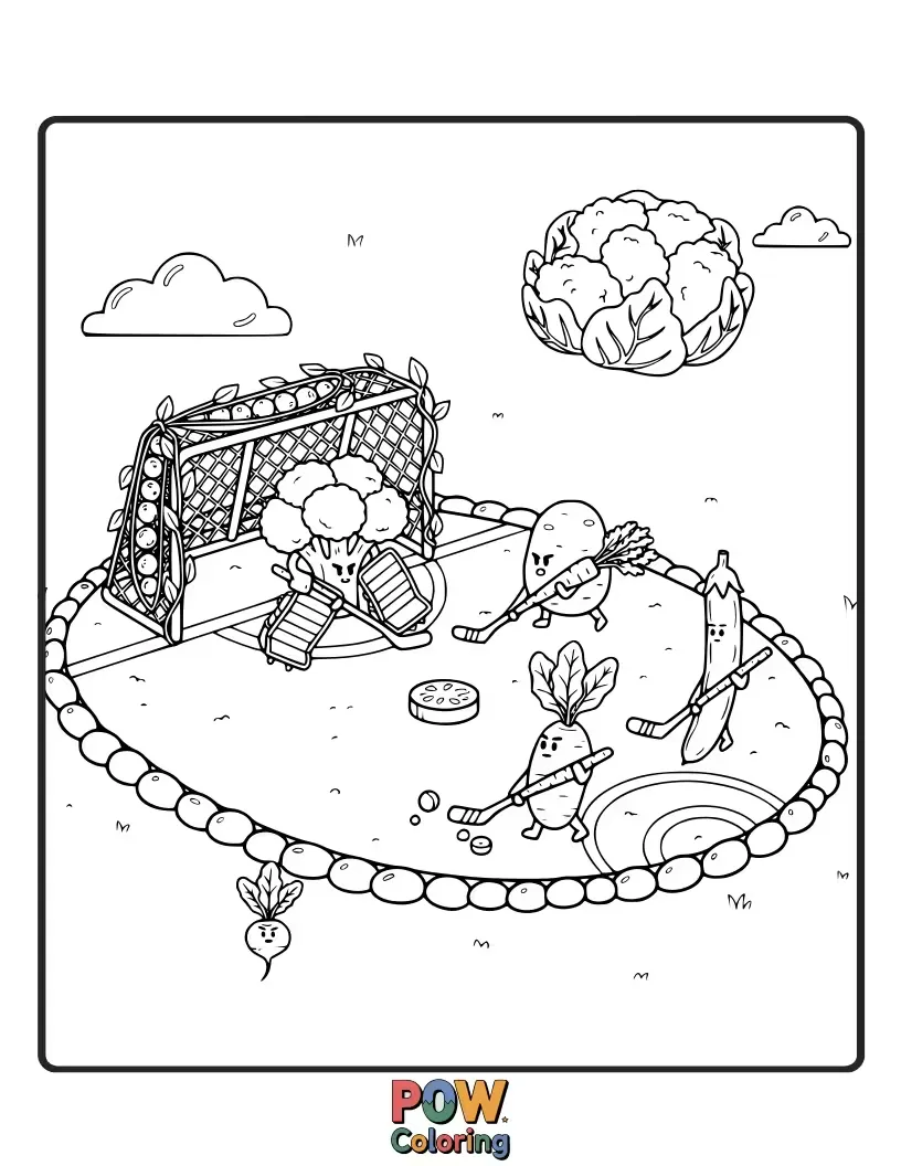 Free coloring page of Carrots, broccoli, and peas playing a lively game of hockey in a garden patch, using a tomato as the puck. Healthy and hilarious!