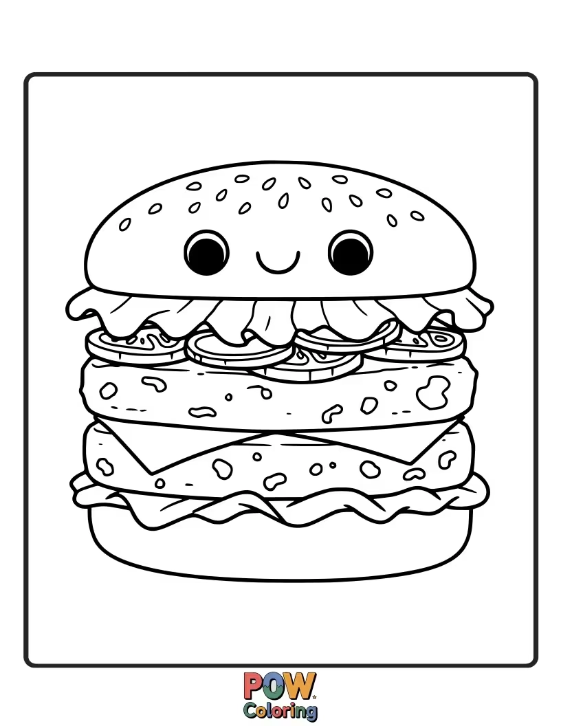 Free coloring page of A wholesome veggie burger with fresh vegetables like sprouts, avocado, and a whole wheat bun. Healthy and vibrant.