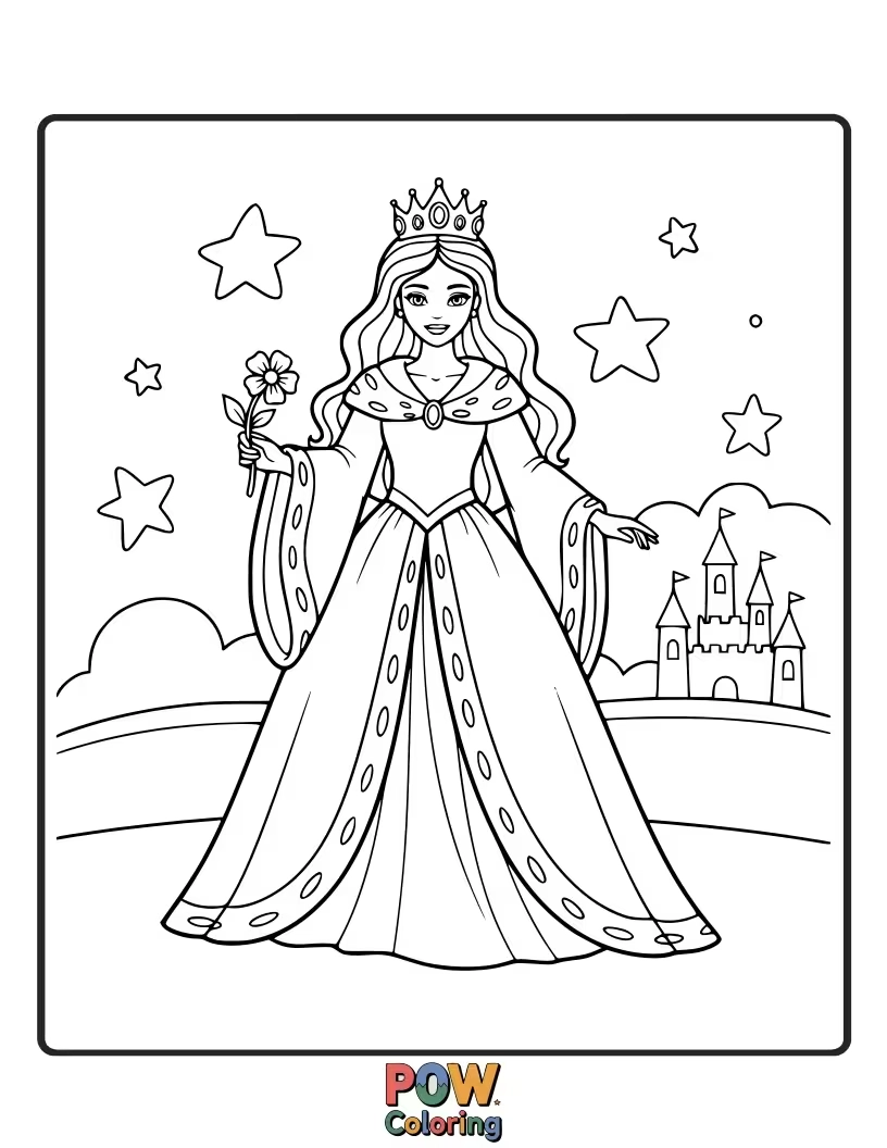 Free coloring page of A regal princess wearing a luxurious velvet robe, seated on a grand throne.