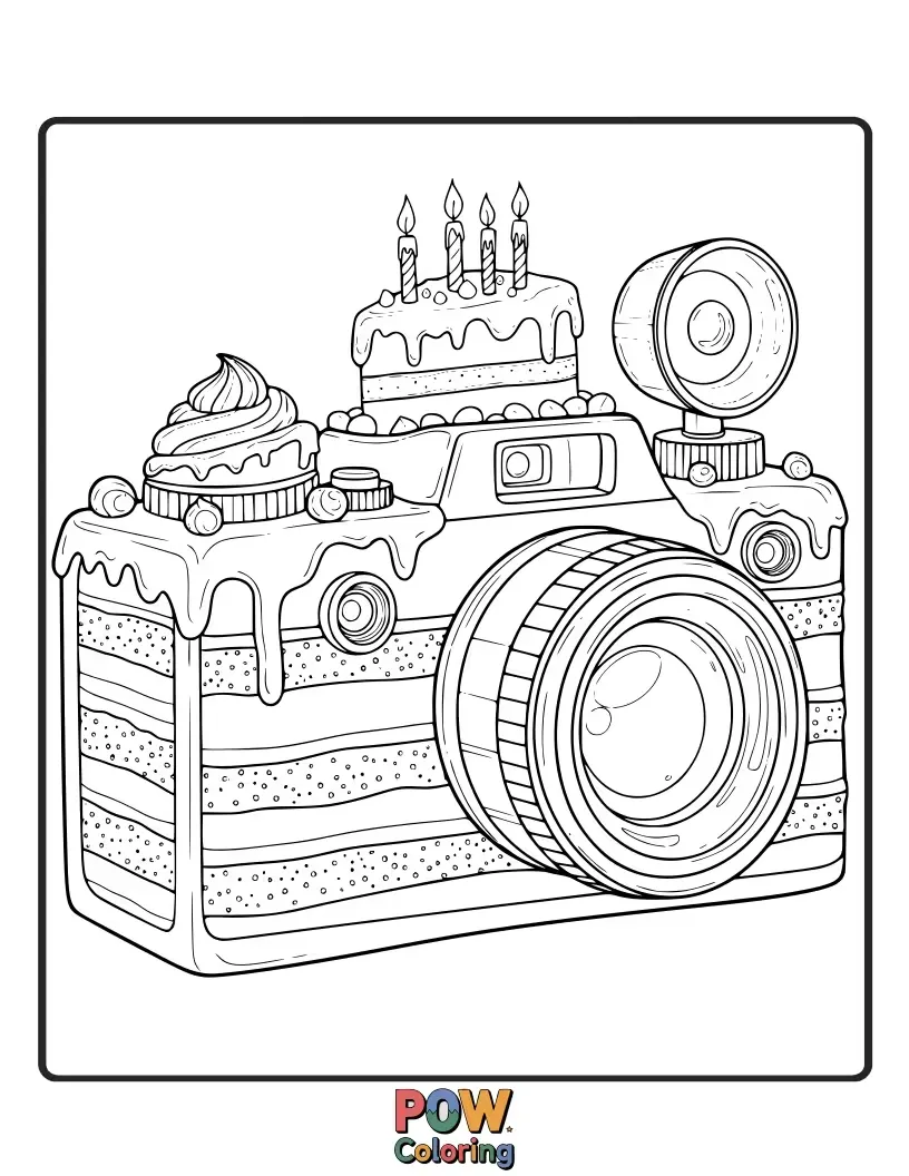 Free coloring page of Retro camera-shaped cakes with detailed dials and lenses, capturing sweet memories.