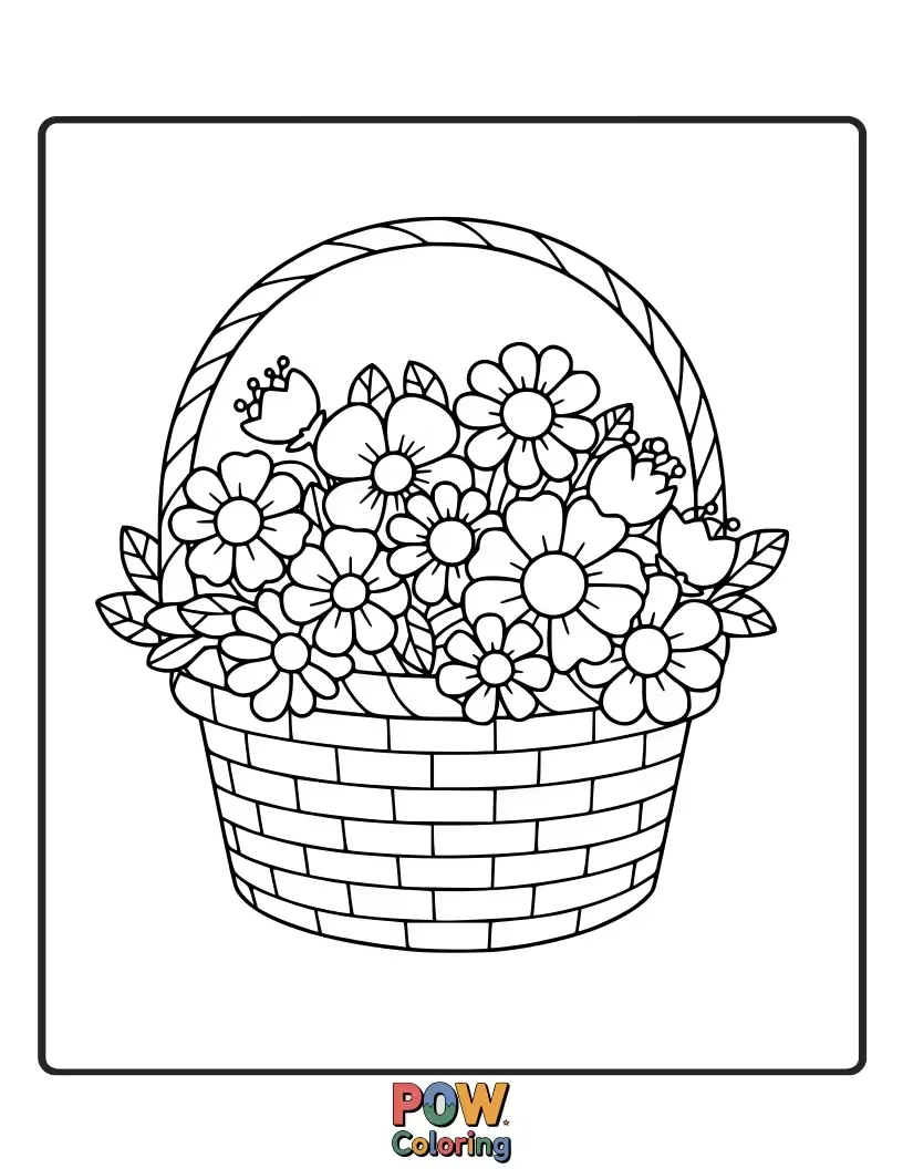 Free coloring page of A charming basket overflows with a variety of classic flowers, offering a delightful and nostalgic coloring subject.