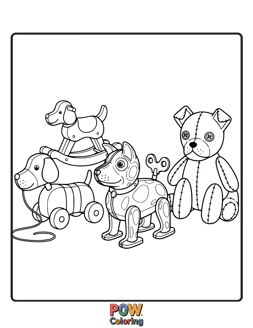Free coloring page of Nostalgic dogs designed to look like charming vintage wind-up toys, with visible gears and classic playful poses.