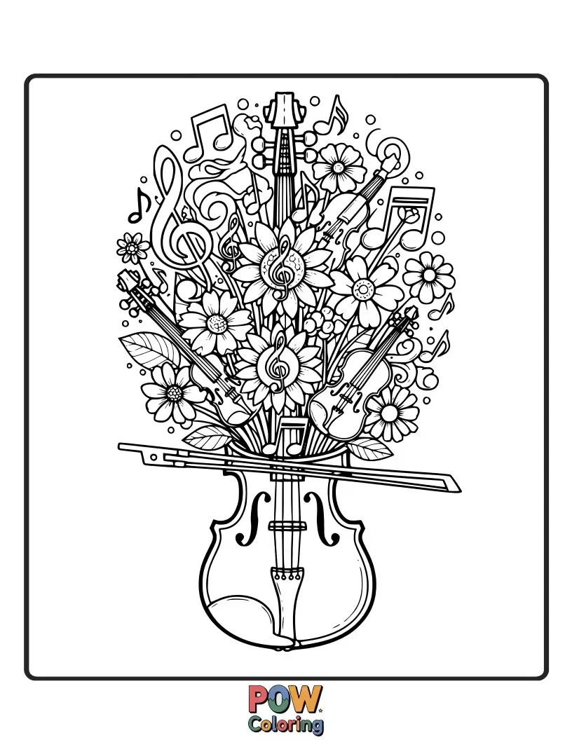 Free coloring page of A bouquet of beautiful flowers is creatively arranged to resemble a charming violin.