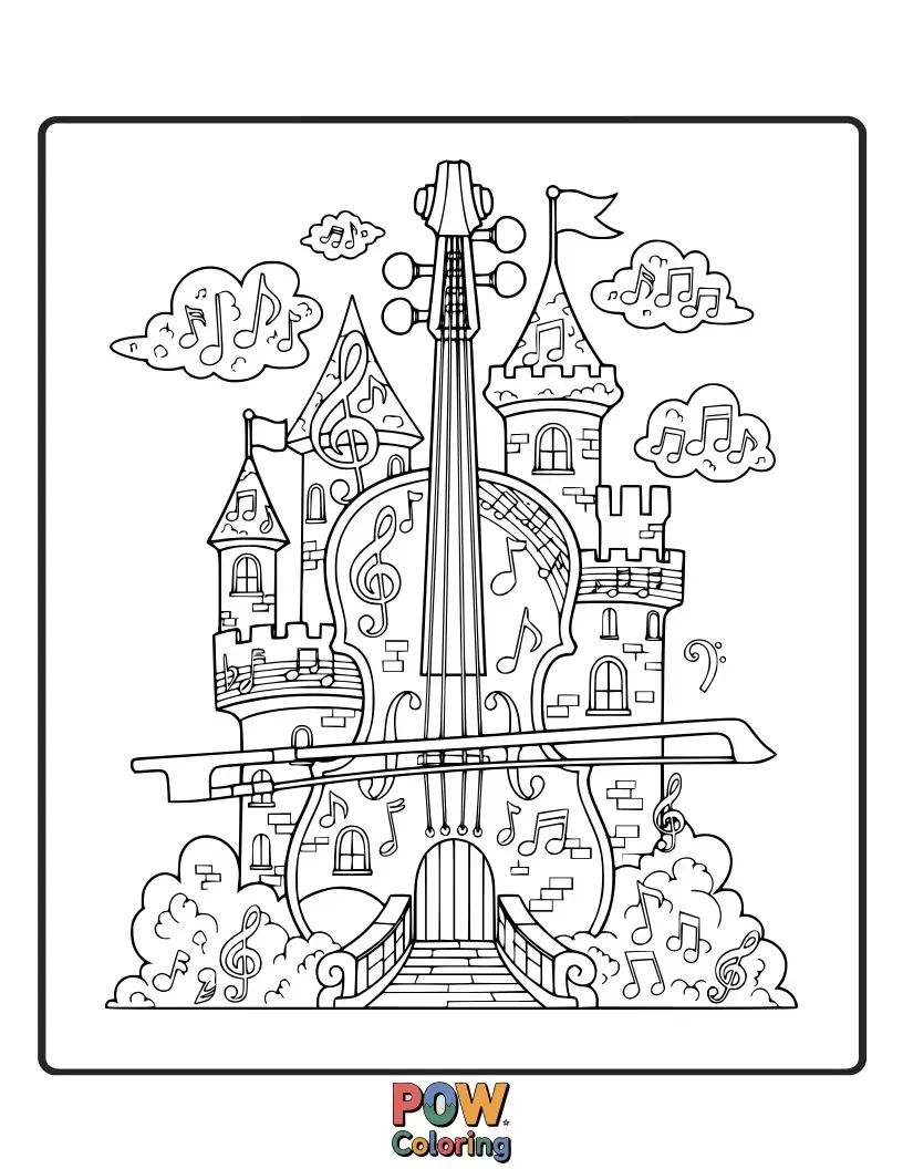 Free coloring page of A grand castle's architecture incorporates musical notes and a prominent, decorative violin.