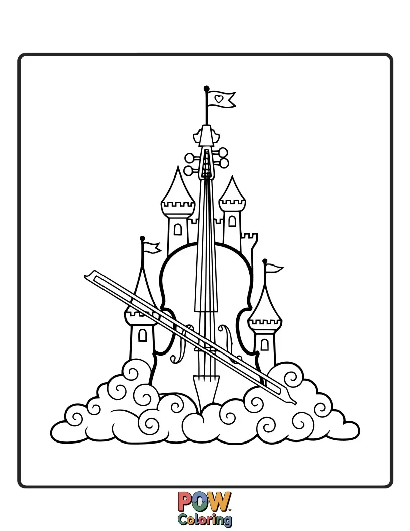 Free coloring page of A grand castle is built upon a large, beautiful violin floating in the clouds.
