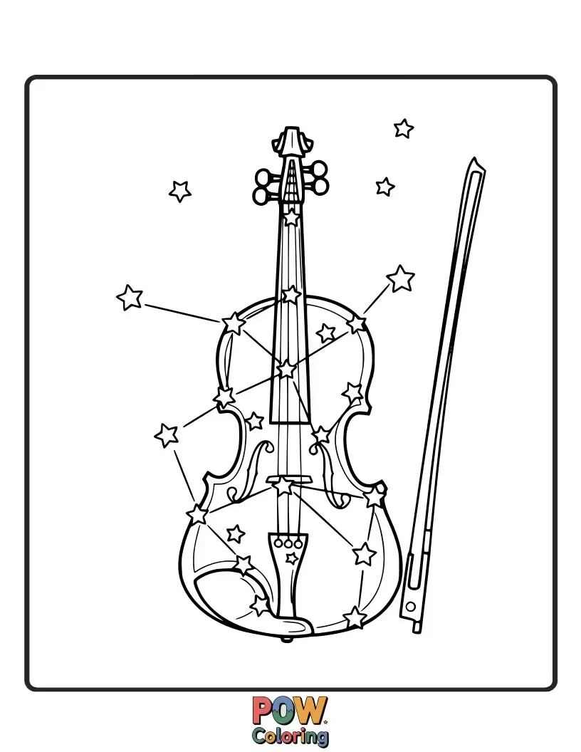 Free coloring page of A violin is depicted as a shimmering constellation in a starry night sky.
